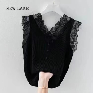 NEW LAKE冰丝背心女洋气螺纹纯色内搭外穿吊带蕾丝拼接性感美背打底衫百搭
