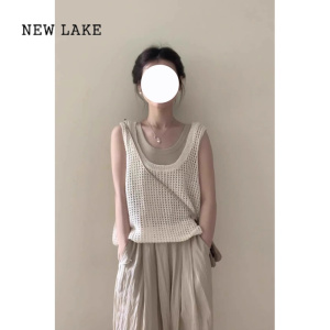 NEW LAKE美式复古镂空针织罩衫女夏新款设计感外搭小吊带坎肩无袖背心上衣