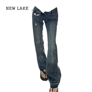 NEW LAKE小个子美式复古高街辣妹显高牛仔裤女口袋印花做旧低腰拖地微喇裤