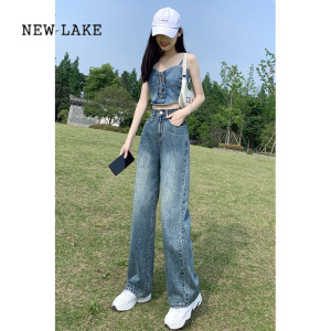 NEW LAKE高腰直筒牛仔裤女2024新款复古春夏季设计感薄款小个子高腰阔腿裤