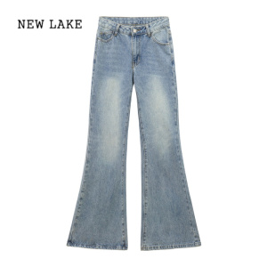 NEW LAKE蓝色喇叭牛仔裤春夏2024新款高腰显腿长时尚阔腿裤子设计感长裤女
