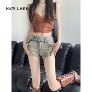 NEW LAKE美式辣妹短裤女款夏季低腰弹力牛仔裤子性感紧身包臀热裤直筒裤
