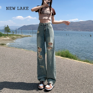 NEW LAKE辣妹破洞牛仔裤女夏季薄款2024新款高腰显瘦直筒大码阔腿裤ins潮