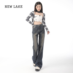 NEW LAKE复古微喇叭牛仔裤女2024年新款不贴阔腿裤小个子高腰显瘦马蹄裤子