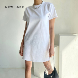 NEW LAKE短袖t恤裙女中长款圆领套头纯棉纯色舒适宽松打底显瘦连衣裙子