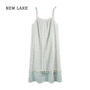 NEW LAKE法式复古流苏拼接甜美连衣裙子女夏季新款显瘦气质吊带无袖中长裙
