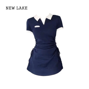 NEW LAKE美式复古学院风撞色polo领短裙甜辣盐系小个子连衣裙收腰显瘦夏季