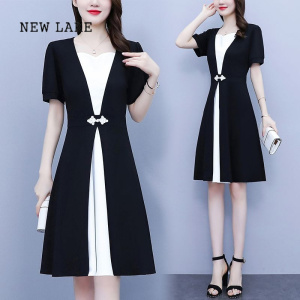 NEW LAKE2024夏季新款大码女装黑白拼接高腰短袖气质显瘦减龄时尚连衣裙子