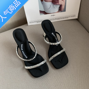 SUNTEK凉鞋女夏高跟2023年新款法式少女性感露趾气质水钻细跟一字带凉鞋