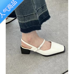 SUNTEK设计感韩系方头晚风单鞋女2023春夏法式后空中粗跟包头浅口凉鞋女