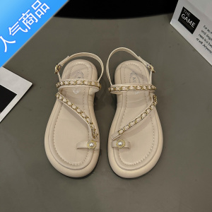 SUNTEK韩国凉鞋女夏季2023年新款小香风套趾链条简约软平底罗马沙滩鞋子