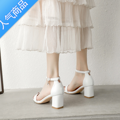 SUNTEK凉鞋女仙女风2022夏季新款一字带时装中跟粗跟313233小码白色凉鞋