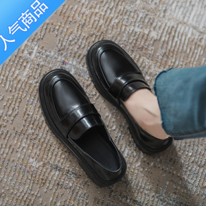 SUNTEK乐福鞋女中跟2023秋季新款黑色软皮小皮鞋英伦风气质厚底单鞋
