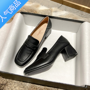 SUNTEK2023新款夏季小皮鞋女英伦百搭中跟粗跟面试黑色工作乐福鞋女单鞋