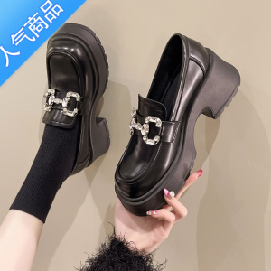 SUNTEK乐福鞋女2023年春季新款时尚水钻一脚蹬高跟厚底显瘦英伦风小皮鞋