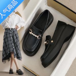 SUNTEK小皮鞋女夏季英伦风黑色软底厚底薄款34码工作增高舒适乐福鞋