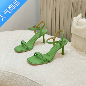 SUNTEK设计感绿色简约凉鞋女夏2023年新款交叉细带露趾高跟鞋细跟