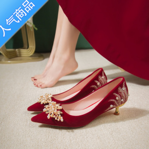 SUNTEK红色婚鞋2023年春夏新款婚纱秀禾两穿新娘鞋3cm低跟高跟鞋女细跟