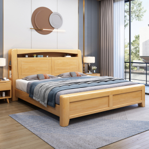 百冠环球 实木床现代简约橡木大床北欧小户型卧室夜灯储物双人床
