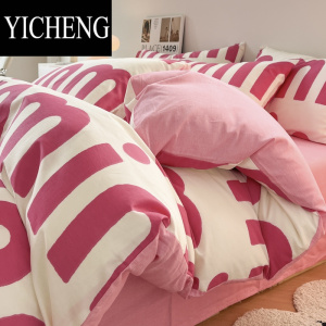 YICHENGins风床单四件套粉色夏季被套床上用品宿舍床笠款三件套