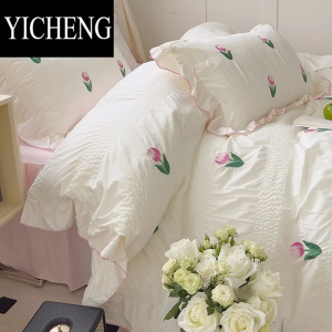 YICHENG夏季ins风泡泡纱水洗棉床上四件套花边床裙款被套床品床单三件套