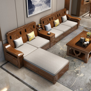 月影梳桐中式实木沙发组合现代客厅贵妃转角储物木沙发冬夏两用木质沙发