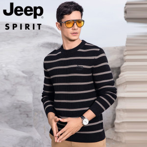 Jeep spirit吉普男士圆领毛衣百搭冬季新款针织上衣服宽松间色条纹潮