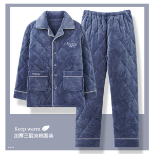 三层夹棉睡衣男款冬季加绒加厚珊瑚绒家居服秋冬季套装大码可外穿