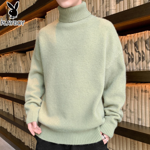 花花公子高领毛衣男士宽松加绒加厚2024秋冬季新款内搭打底针织衫