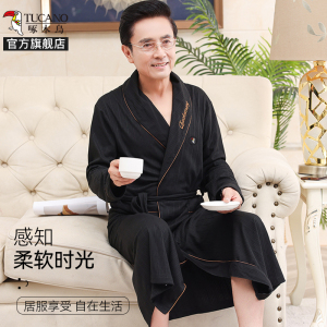啄木鸟春秋季薄款男士纯棉长袖睡袍大尺码宽松系带款睡衣中长版浴衣