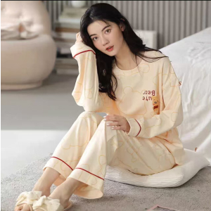 新款啄木鸟100%纯棉睡衣女春秋季长袖带胸垫秋冬可外穿家居服套装