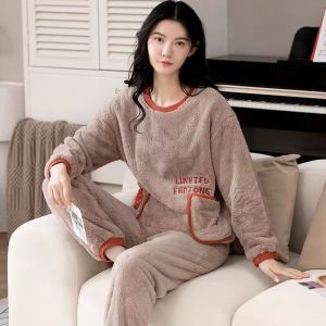 啄木鸟新款睡衣女士秋冬季冬款珊瑚绒保暖加厚法兰绒春秋薄款套装